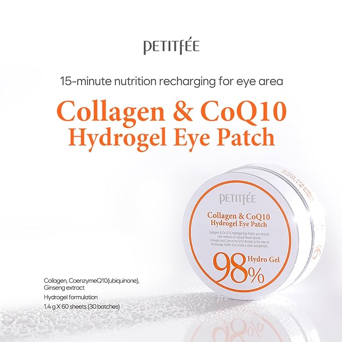 Petitfee Collagen & CoQ10 Hydrogel Eye Patch 60ea - Collagen Under Eye Mask for Intense Hydration, Skin Elasticity, CoenzymeQ10, Aloe Vera, Green Tea Extract for Puffy Eyes and Dark Circles