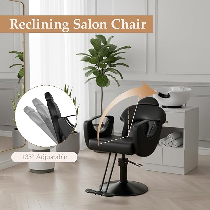 Black Salon Chair for Hair Stylist, Professional Barber Chairs Barbershop Hair Stylist Chair w/Heavy Duty Hydraulic Pump, 360° Braiding Styling Hairdresser Chairs for Spa Home Euipment, Matte Black