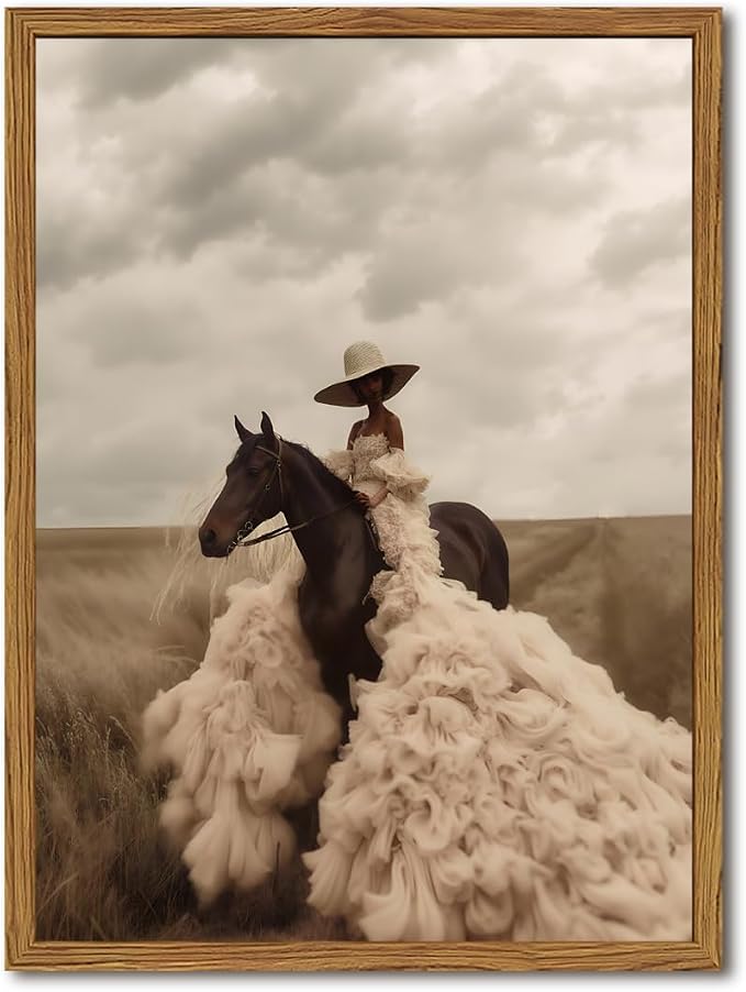 Western Cowgirl Riding Horse Wall Art Vintage Black Girl Rodeo Wall Decor Painting, African American Woman Southwest Poster Canvas Prints for Living Room Bedroom 12x16 inch Wood Framed