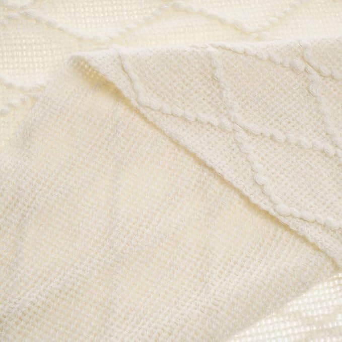 BATTILO HOME Large Cream Throw Blanket with Fringe, End of Bed Throw Blankets White,Spring Throw Blanket for Couch Sofa Indoor Outdoor, 52"x80"