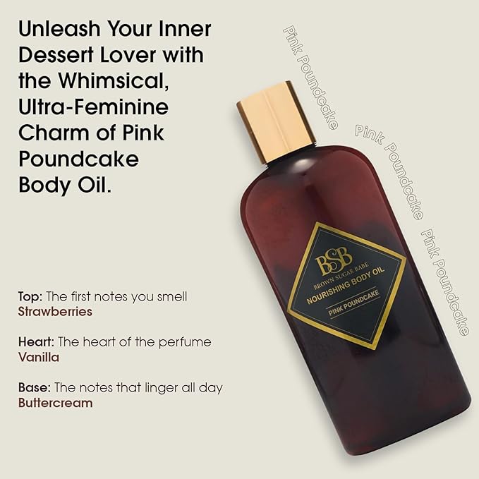 Brown Sugar Babe Pink Poundcake Body Oil, Nourishing Scented Oil for Women with Strawberry, Vanilla and Buttercream Perfume Oils, Skin Care, Paraben Free, Perfume Body-Oil, Made in USA