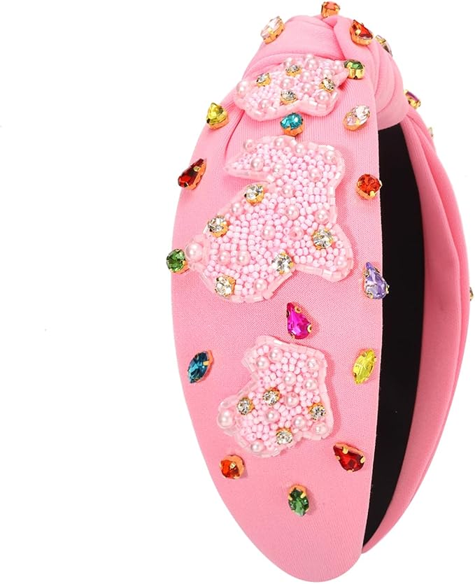 mokkia Easter Headbands Beaded Rabbit Bunny Headband for Women Pink Spring Knotted Headband Easter Hair Accessories Gifts