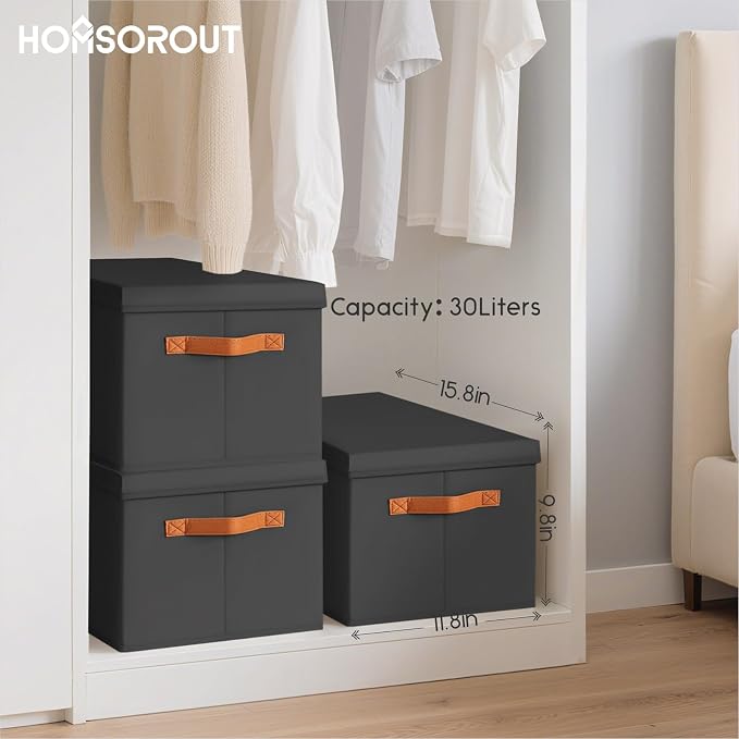 Storage Bins with Lids - Large Fabric Closet Bins with Lid, 5 Pack Clothes Organizers and Storage, Collapsible Stackable Cube Basket for Home, Office, Dorm, Black