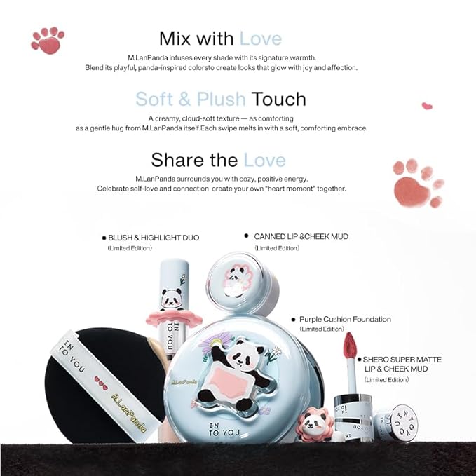 INTO YOU x M.Lan Panda The Color Mixer Set Limited Edition - 7 pieces Makeup Box Sets, Matte Lipstick + Canned Lip Mud + Blush & Highlight Duo + Cushion Foundation + Gift Bundle, M01 Set