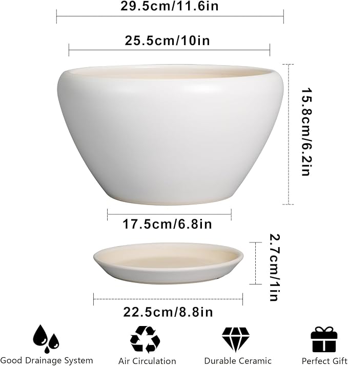 Ceramicfor Ceramic Planter for Indoor Plants - 11 Inch Plant Pot with Drainage Hole and Saucer Decorative Round Large Planter Pot for Plants Outdoor Flower Pot for Garden White