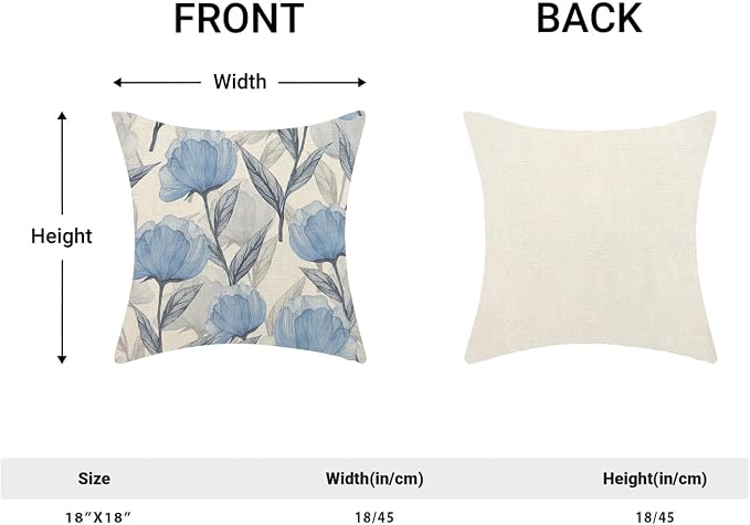 Floral Pillow Covers 18x18 Inches Set of 2,Watercolor Blue Flower Throw Pillow Covers Outdoor Spring Summer Flower Decoration Pillowcase Farmhouse Decorative Square Cushion Cover For Home Sofa