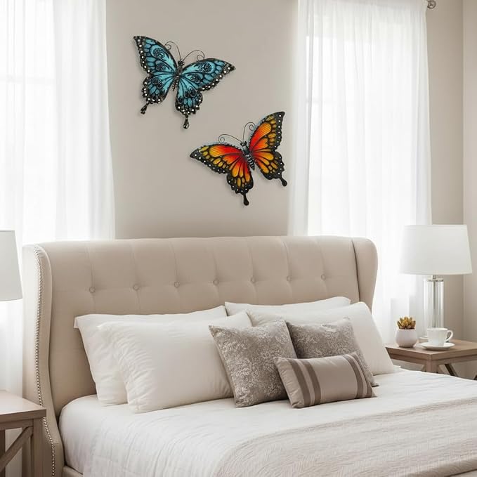 LIFFY Metal Butterfly Wall Decor,2Pack 12" Hanging Glass Butterfly Outdoor Decor,Home Orange Butterflies Decorative Ornaments Outside for Garden,Yard,Fence,Patio