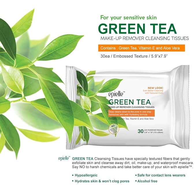 Epielle Green Tea Makeup Remover Wipes, Gentle Daily Facial Cleanser Towelettes, Remove Dirt, Oil & Waterproof Mascara, Stocking Stuffers, 30 Count (Pack of 6)