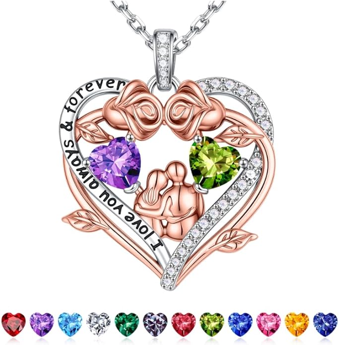 Iefil Valentines Gifts for Her Wife - 925 Sterling Silver Double Heart Birthstone Necklace, Anniversary Birthday Gifts for Women Wife Girlfriend