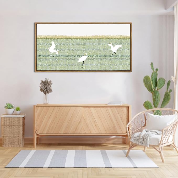 ANHUIB Large White Heron Wall Art Framed Green Abstract Wall Decor Modern Line Art Print Minimalist Matisse Painting for Living Room Office Bedroom 20x40 Inch