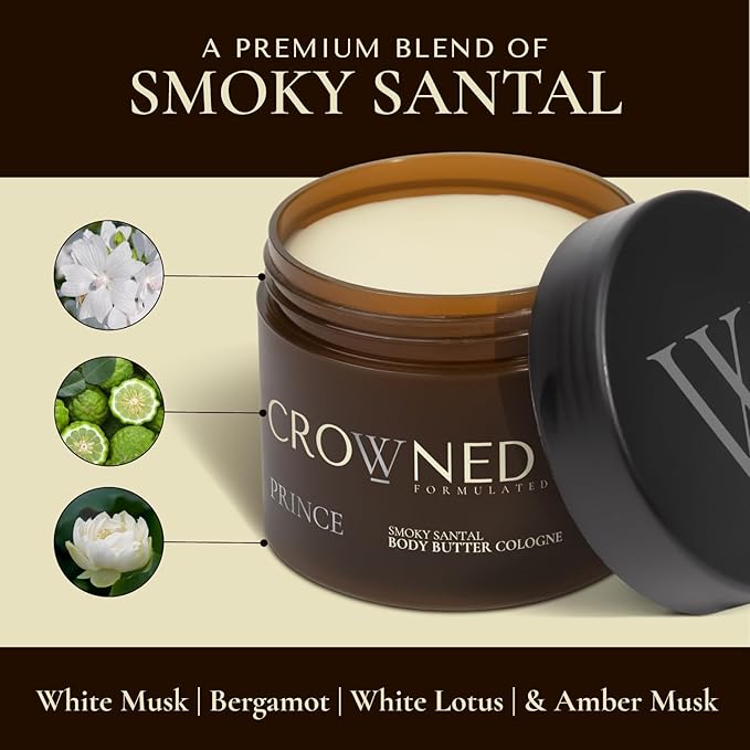 Crowned Skin Prince Cologned Body Butter | Oceanic & Woody Scent | Blended with White Musk & Bergamot | Infused with Organic Shea & Mango Butters | Moisturizing Formula with All-Day Fragrance | 4.4oz
