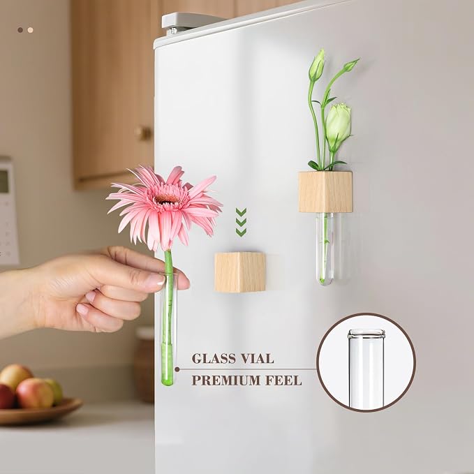 Magnetic Test Tube Flower Vases for Refrigerator, Set of 2 | Wooden magnetic vases in a natural wood finish for fresh cuttings and plant propagation. Plant not included.