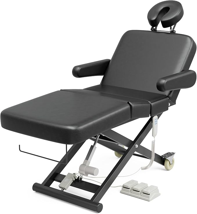 SyyBhb Fully Electric Massage Table Professional with Foot Pedal for Clients, Customized Angle Adjustable and Electric Lift 3 Motor, Heavy Duty Frame, Exam/Treatment/Spa/Tattoo/Facial, Black