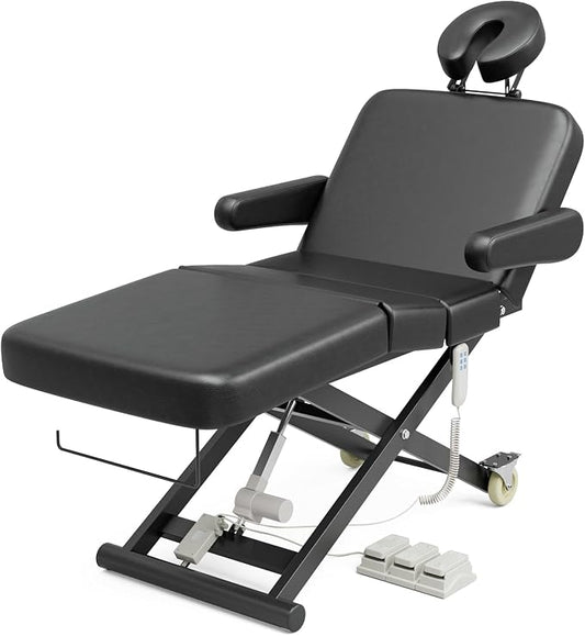 SyyBhb Fully Electric Massage Table Professional with Foot Pedal for Clients, Customized Angle Adjustable and Electric Lift 3 Motor, Heavy Duty Frame, Exam/Treatment/Spa/Tattoo/Facial, Black