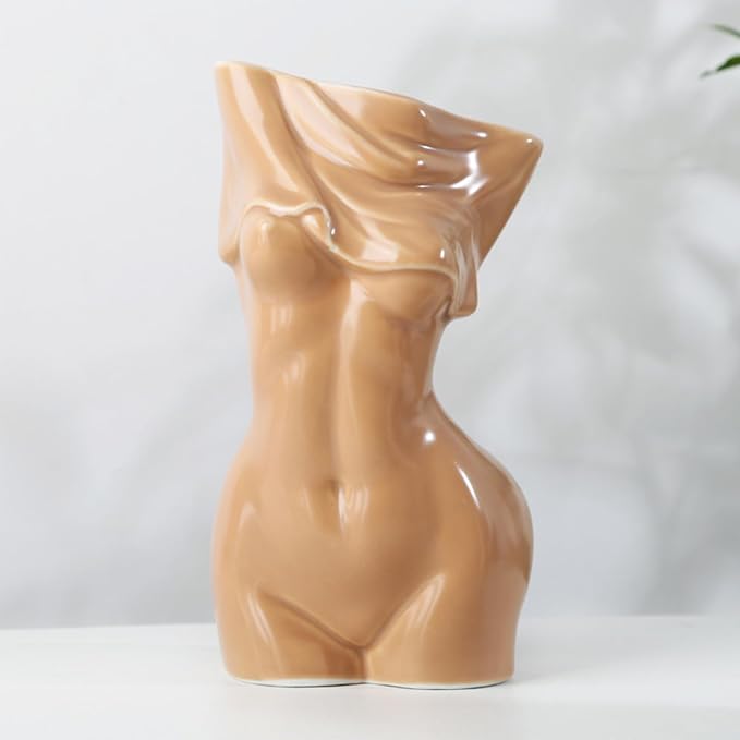 Body Vase - 7.28 Inch Tall Body Vase Female Form(Light Brown) | Unique Undressing Ceramic Flower Planter, Modern Curved Art Sculpture for Home Decor, Table & Shelf