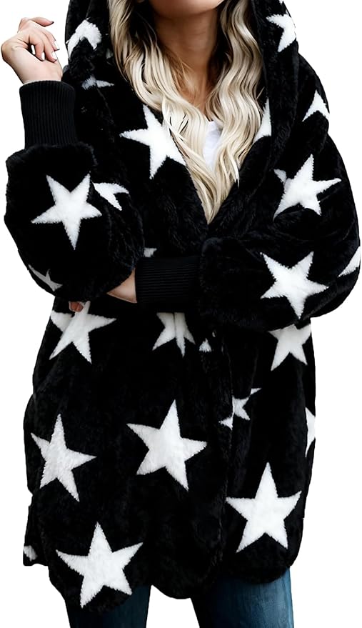 Zilcremo Women Hooded Cardigan Fuzzy Jacket Winter Open Front Fleece Coat Outwear with Pockets