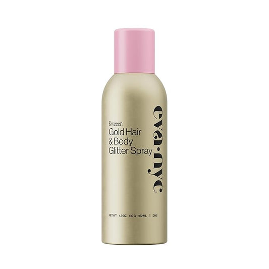 Eva NYC Kweeen Gold Hair and Body Glitter Spray - Ultra Shimmery Gold Glitter Formula - Adds Shine + Non-Sticky - Quick Drying Sparkle Spray for Hair and Body - Warm Vanilla Scent - 4.9 oz