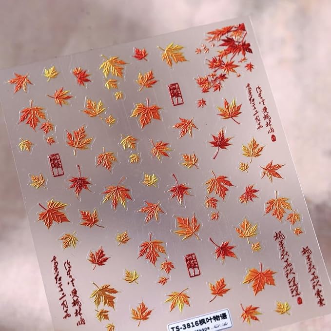 Fall Maple Nail Stickers for Nail Art, 5D Embossed Self-Adhesive Autumn Leaf Nail Decals, Leaves Nail Supplies Nail Art Design Accessories for Women and Girls Manicure DIY Decoration
