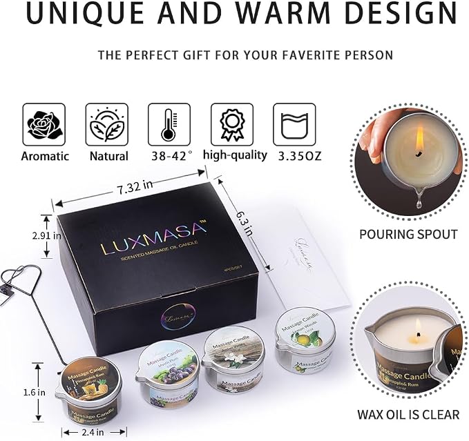 Massage Candle for Home SPA, 4 Pack Scented Soybean Massage Oil Candles Low Temp, Amazing Gift Set 13.4OZ (Scents: Mystic Plum, Amber Vanilla, Lemon Wasabi, Pineapple&Rum)