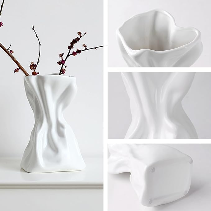 Paper Bag Vase for Flower, Unique Crinkle Design White Ceramic Vase, Flower Vase for Aesthetic Home Decor, Wedding Dinner Table Party Christmas Decorative