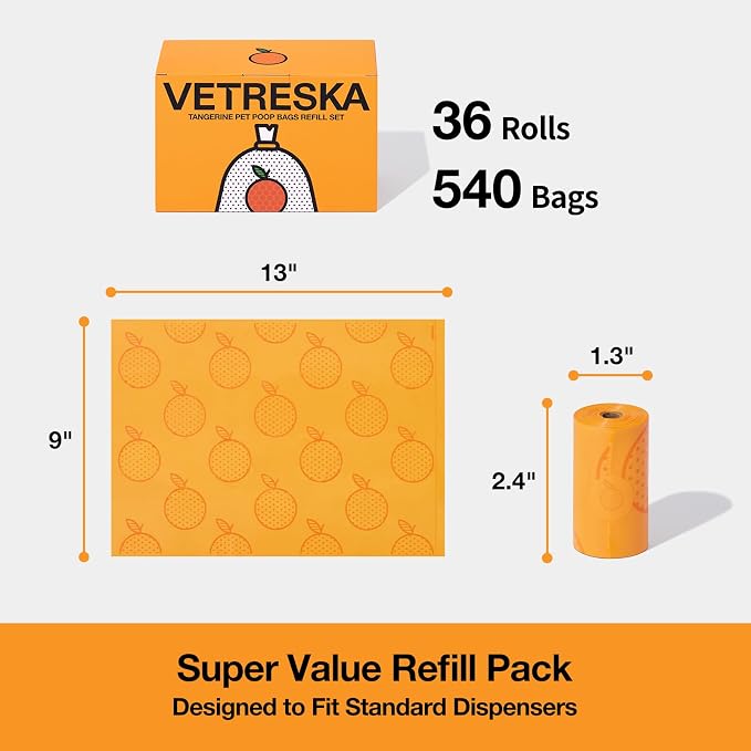 VETRESKA Citrus Scented Dog Poop Bags, 540 Counts, Leak Proof | Extra Thick and Large Pet Waste Bags for Dogs Walking and Cat Litter, 36 Refill Rolls