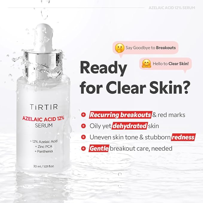 TIRTIR Azelaic Acid 12% Serum for Blemish-Prone Skin - Lightweight Hydrating Formula with Zinc PCA & Hyal-ZIP, Non-Comedogenic, Fragrance-Free, 30ml / 1.01 Fl Oz (Pack of 2)