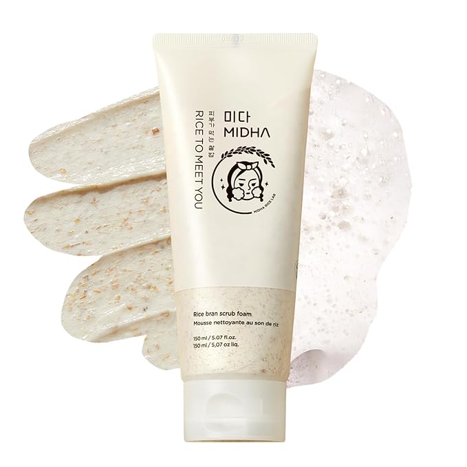 MIDHA RICE BRAN SCRUB FOAM 5.07fl.oz/150ml, Deep Cleansing, Pore-Purifying, Gentle Exfoliating – Soft Micro-Foam Face Wash with Balanced pH & Hydrating, Nourishing Care