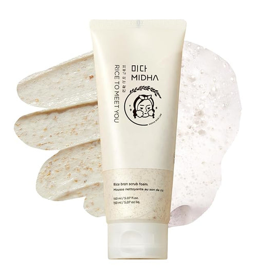 MIDHA RICE BRAN SCRUB FOAM 5.07fl.oz/150ml, Deep Cleansing, Pore-Purifying, Gentle Exfoliating – Soft Micro-Foam Face Wash with Balanced pH & Hydrating, Nourishing Care