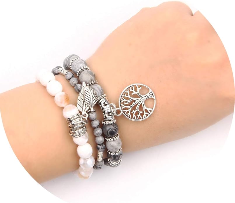 Jardme Healing Crystal Bracelets for Women, 8mm Beaded Natural Stone Stretch Chakra Bracelets Tree of Life Bracelet Jewelry Gifts for Women
