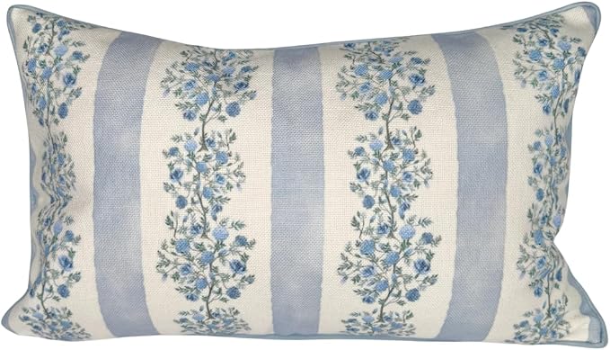 “The Juliet” Floral Block Print Pillow Cover – Soft Blue and Off-White Decorative Throw Pillow Cover – Grandmillennial Home Decor, 12"x20"