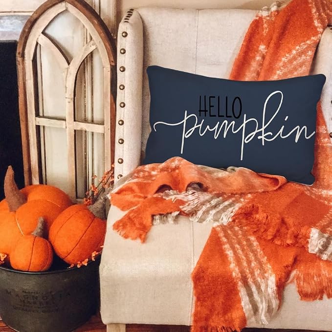 RABUSOFA Fall Pillow Covers 12x20 Inch Dark Blue Thanksgiving Autumn Hello Pumpkin Quote Lumbar Harvest Outdoor Cushion Cases Seasonal Fall Decorations for Home Couch