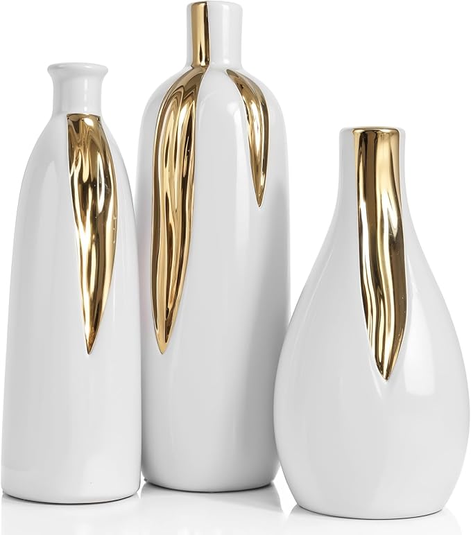 White and Gold Vase Set of 3, Modern Ceramic Decorative Vases for Living Room, Bedroom, Art Decor, Mantle, Home Event Decor, Office Decorative, Weddings, Rustic & Farmhouse (White Gold)
