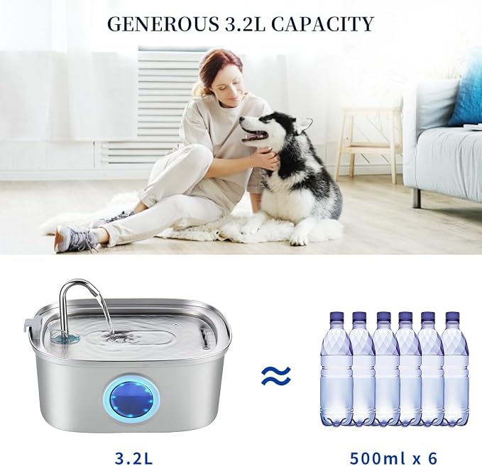 Stainless Steel Cat Water Fountain - 3.2L/108oz Cat Drinking Fountain | Quiet Cat Fountain for Indoor Cats and Small Dogs, Automatic Pet Water Dispenser Keeps Fresh Water, 3 Filters
