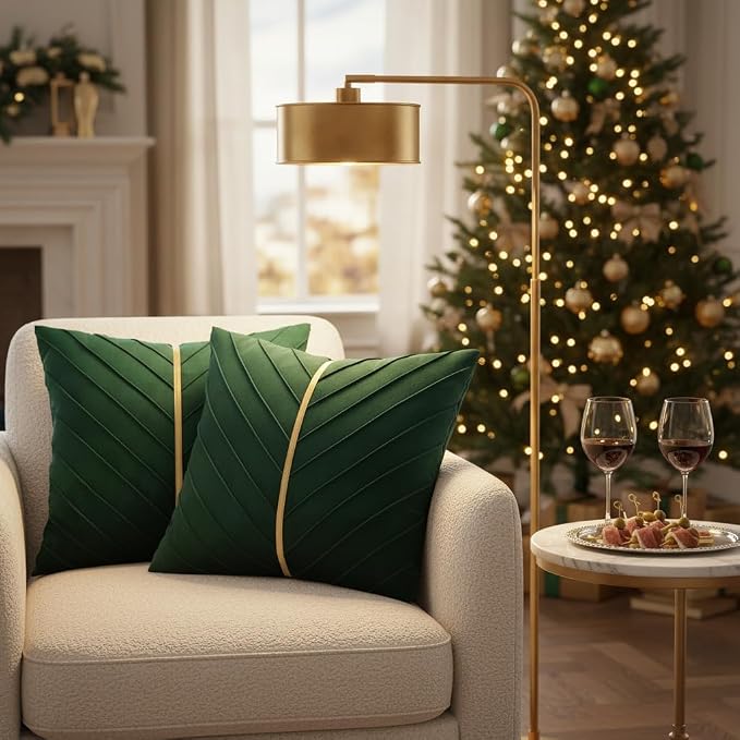 Velvet Throw Pillow Covers 20x20 Pack of 2 Gold Decor Dark Green | Soft Solid Pillow Covers,Modern Luxury Xmas Decor,for Couch Chair Sofa Bedroom Livingroom,Hidden Zipper,Ideal Gift,Easy Care