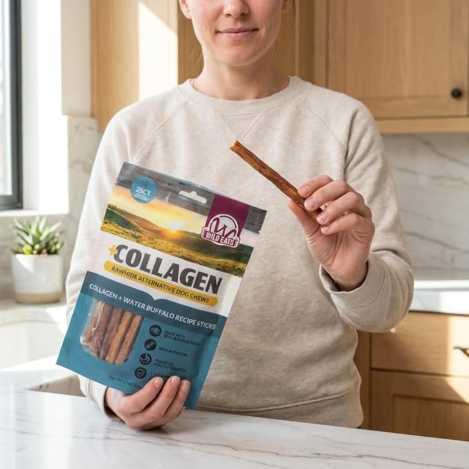 Wild Eats Water Buffalo Collagen Sticks for Dogs (25 Pack, 0.6 cm Wide) Long Lasting Dog Chews, No Hide Dog Treat Bully Stick Alternative, Rawhide Free, Grain Free, High Protein | Rawhide and grain free no hide chew treats, bully style alternative, 0.6...