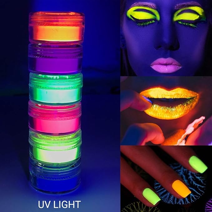 Neon Pigment Eyeshadow Powder UV Reactive Glow in the Blacklight 6 Mixed Bright True Colors for Body/Eyeshadow, Carnival Party Halloween Makeup (6NE)