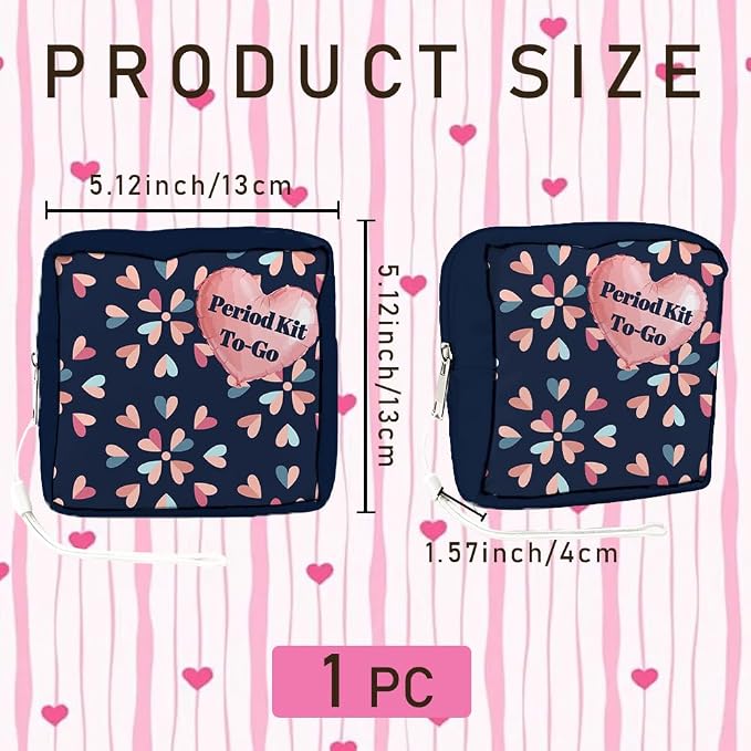 Period Bag Pouch 5.12 x 5.12 x 1.57 Inch Sanitary Napkin Storage Bag with Zipper Heart Portable Reusable Waterproof Polyester Menstrual Pad Pouch First Period Gifts for Women Daily Use