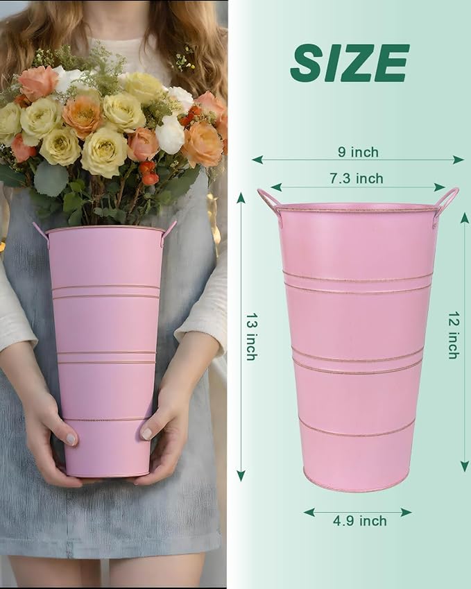 12 Inch Galvanized Metal Vase, 2 Pack Tall Flower Buckets with Handles | Galvanized metal flower buckets with handles, rustic tall vase design for dried flowers, weddings, farmhouse and home decor.
