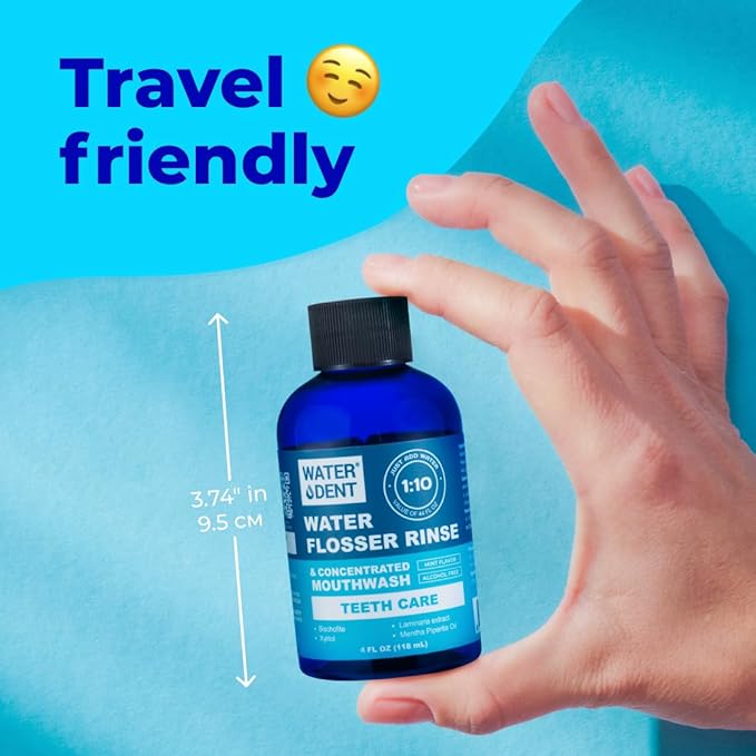 WATER DENT | Water Flosser Rinse, IRRIGANT, Concentrate Mouthwash | When dilluted1:10 = 44 fl.oz, Travel Size, Add to Oral irrigator, Mint Flavor, Alcohol & Fluoride Free. Made in USA | 4 fl.oz