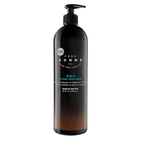 CHI Pour Homme 3-in-1 Cleansing & Moisturizing Hair, Face & Body Wash for Men, Made With Aloe Vera & Nettle, Fresh, Woody Scent, Sulfate-Free, 25 oz