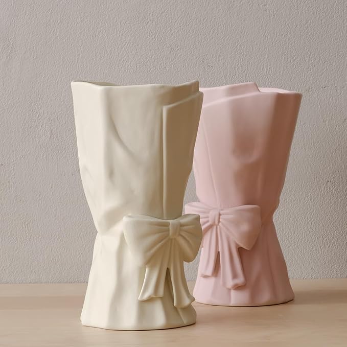 WENSHUO Flower Vase, Ceramic Bow Vase for Flowers, 10 in, Matte Crème | Irregular ceramic bow vase for fresh or dried flowers, wedding centerpieces and home decor. Smooth matte cream-toned glaze.