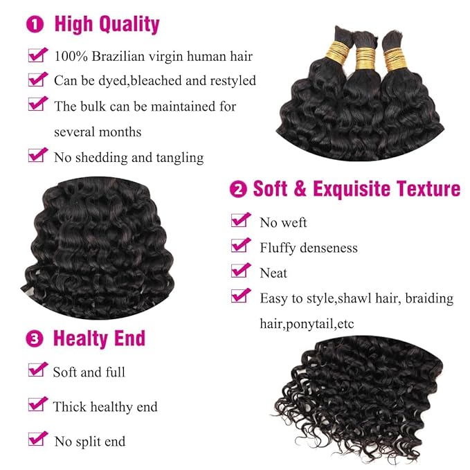 Human Braiding Hair for Boho Braids 22inch Water Wave Bulk Human Hair Extensions for Braiding No Weft Brazilian Virgin Curly Deep Wave Loose Deep Wave Bulk Wet and Wavy 1 Bundle 100g Natural Black