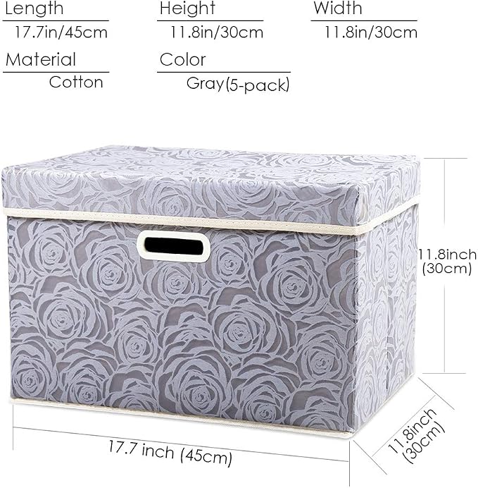 Large Storage Boxes with Lids [5-Pack] Fabric Decorative Storage Bins Cubes Organizer Containers Baskets with Handles for Closet Grey 17.5x11.8x11.8 In For 6+ Year Old Boys and Girls