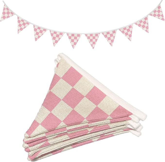 Girls Room Decor Pink and White Checkered Fabric Garland Triangle Banners,Toddler Girl Playroom Nursery Bedroom Wall Decor, Race Car Party Supplies for Baby Shower Birthday,11Ft Bunting Flags