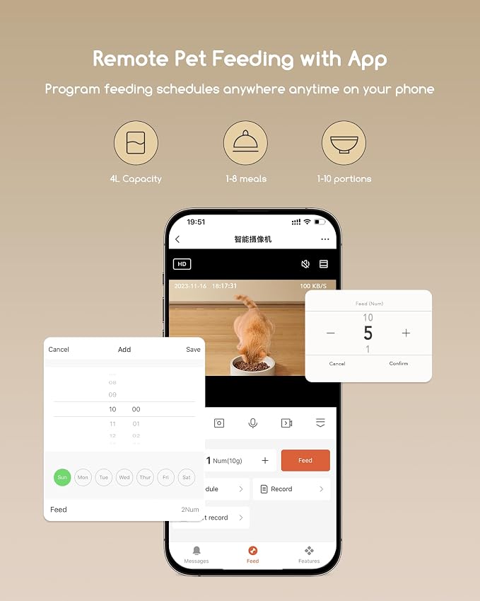 Automatic Cat Feeder with Camera, 3MP HD Video & Night Vision, 5G/2.4G WiFi Smart Pet Feeder with APP Control, 2-Way Audio, Motion Alerts, Low Food Sensor, Timed Cat Feeder for Cats & Dogs, 4L