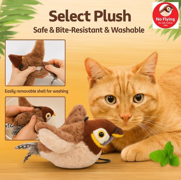 Upgraded 2.0 Flappy Bird Cat Toy – Interactive Flapping & Chirping Bird Toy for Cats (No Flying), Indoor Cat Toy for Exercise & Play, Durable Chew Toy, Catnip Toy for Kitten or Small Dogs (Large 9x3")