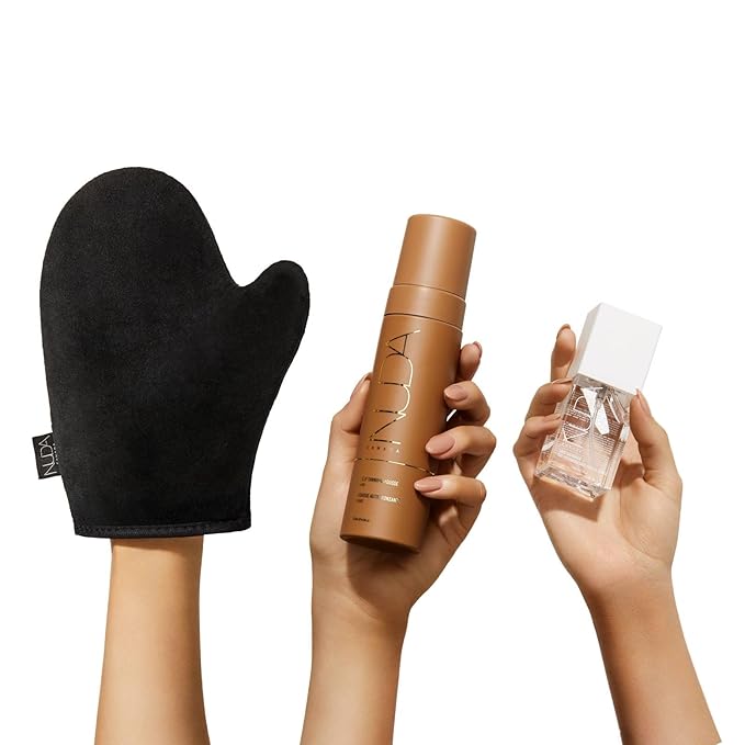 Nuda Dark Self-Tanning Mousse, Dark Face Tan Water, and Tanning Mitt Bundle