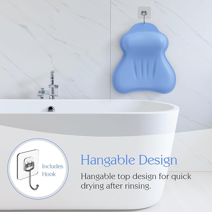 Silicone Bath Pillow, New Material Bath Pillows for Tub Head Neck and Back Support, Bath Tub Pillow with 4D Press Inflatable Airbag and Non-Slip Strong Suction Cups, Quick-Drying, Easy to Store, Blue