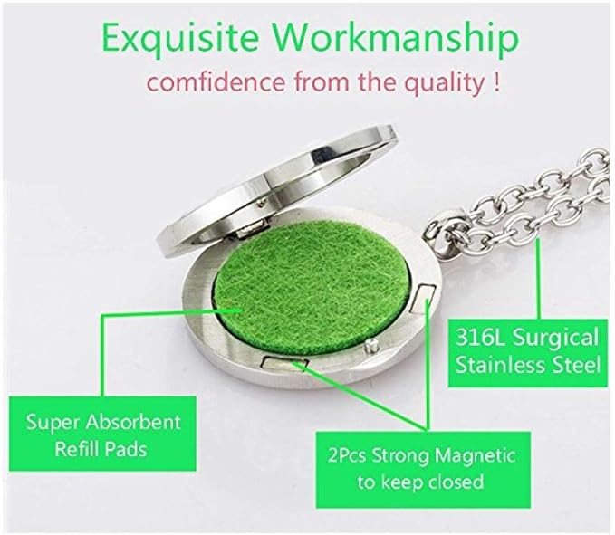 Aromatherapy Essential Oil Diffuser Stainless Steel 30MM Silver Magnetic Locket Pendant 2 Sizes Chain Necklace, Refill Pads & Diffuser Bracelet in a Velvet Bag (Music2)
