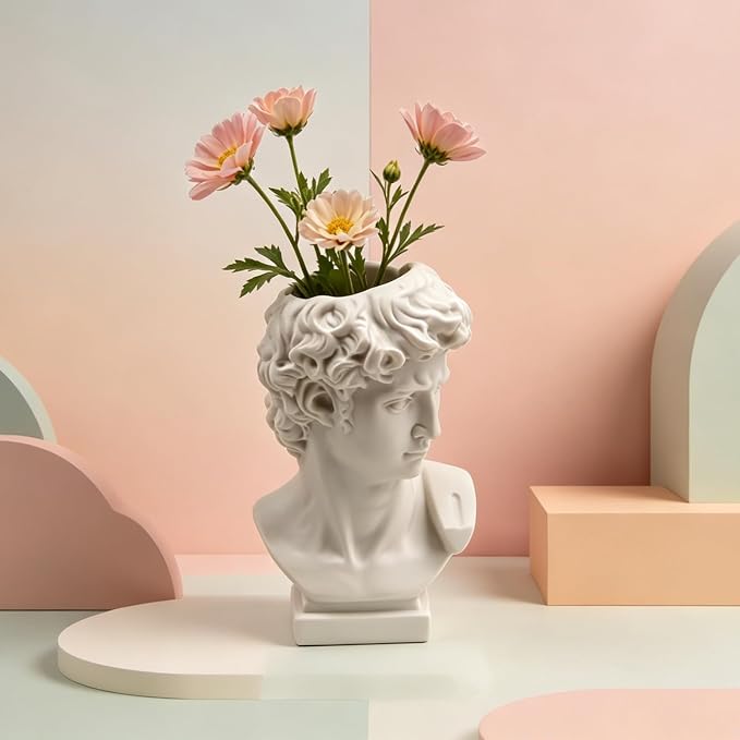 1 Piece David Bust Resin Sculpture Vase 6.5 Inch | Roman Office Home Greek Decor, David Head Planters, Makeup Brush Pen Holders